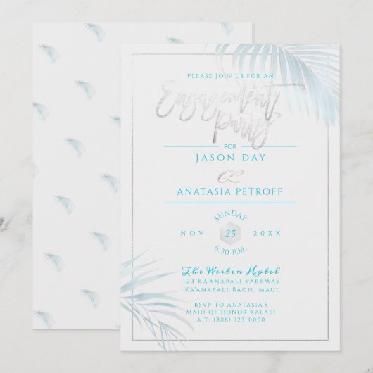 PixDezines Blue+Silver Palms, Verlovingsfeest Kaart (Voorkant / Achterkant)