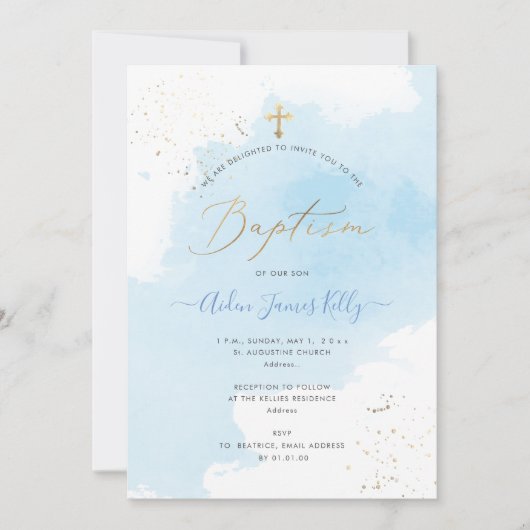PixDezines Blue Waterverf Gold Dust Baptisme Kaart (Voorkant)