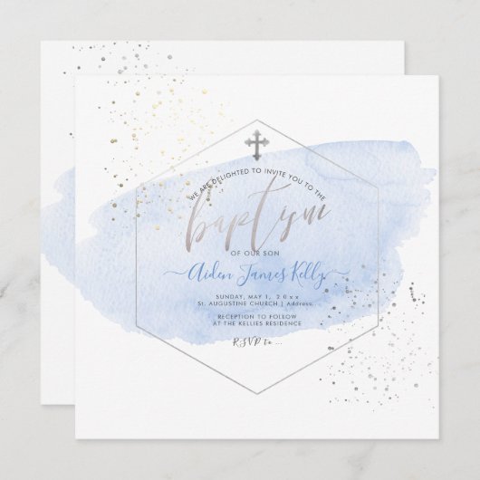PixDezines Blue Waterverf+Honeycomb Baptisme Kaart (Voorkant / Achterkant)