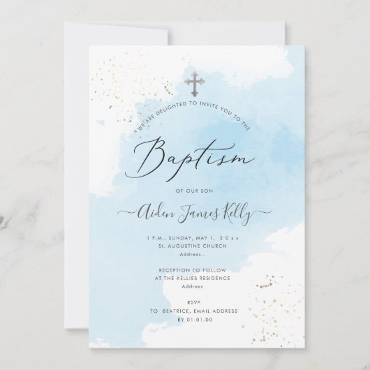 PixDezines Blue Waterverf Silver Dust Baptisme Kaart (Voorkant)