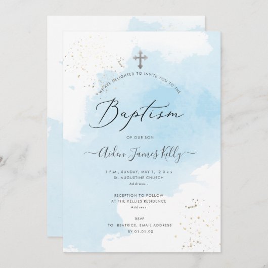 PixDezines Blue Waterverf Silver Dust Baptisme Kaart (Voorkant / Achterkant)