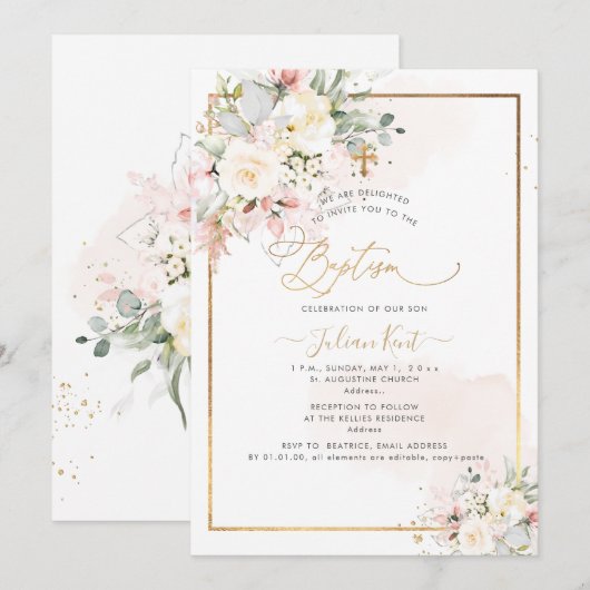 PixDezines Blush alabaster Rozen Baptisme Kaart (Voorkant / Achterkant)