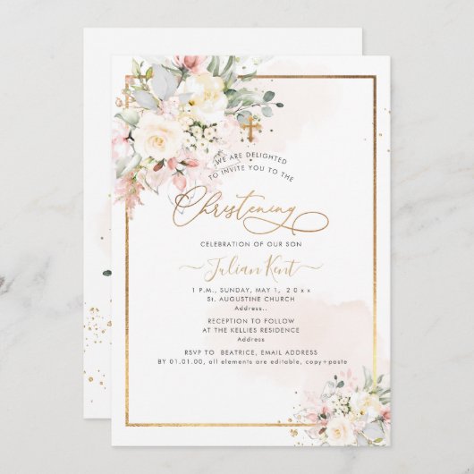 PixDezines Blush Alabaster Rozen Christening Kaart (Voorkant / Achterkant)