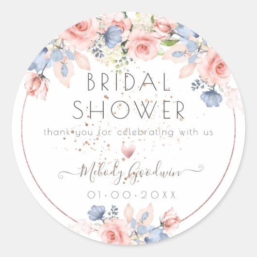 PixDezines Blush Blue Rozen Waterverf Bloemen Ronde Sticker (Voorkant)