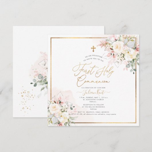 PixDezines Blush Cream Rozen Eerste Heilige Commun Kaart (Voorkant / Achterkant)