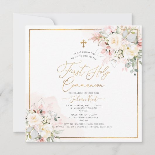 PixDezines Blush Cream Rozen Eerste Heilige Commun Kaart (Voorkant)