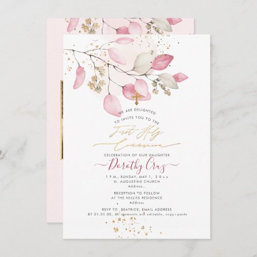 PixDezines Blush Gum Eucalyptus 1e Heilige Communi Kaart (Voorkant / Achterkant)