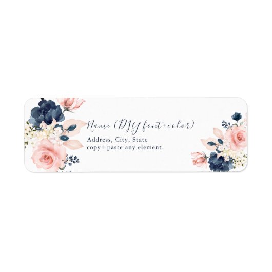 PixDezines Blush Navy Blue Waterverf Flowers Etiket (Voorkant)