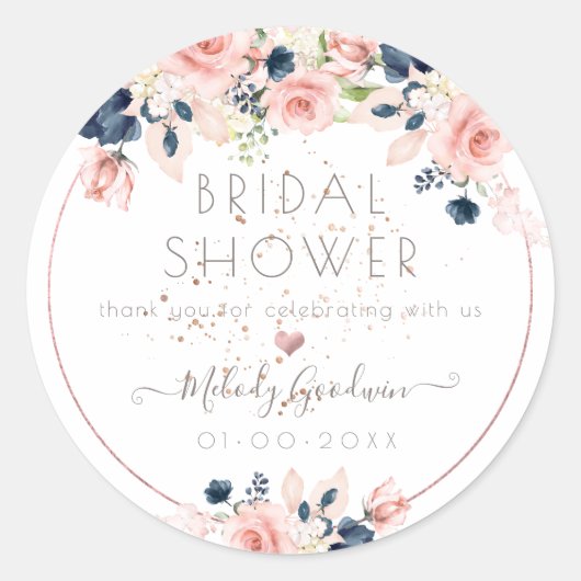PixDezines Blush Navy Waterverf Flowers Ronde Sticker (Voorkant)