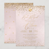 PixDezines Blush Pink Gold Glitter Bat Mitzvah Kaart (Voorkant / Achterkant)