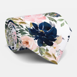 PixDezines Blush Pink Navy Blue Waterverf Flowers Stropdas