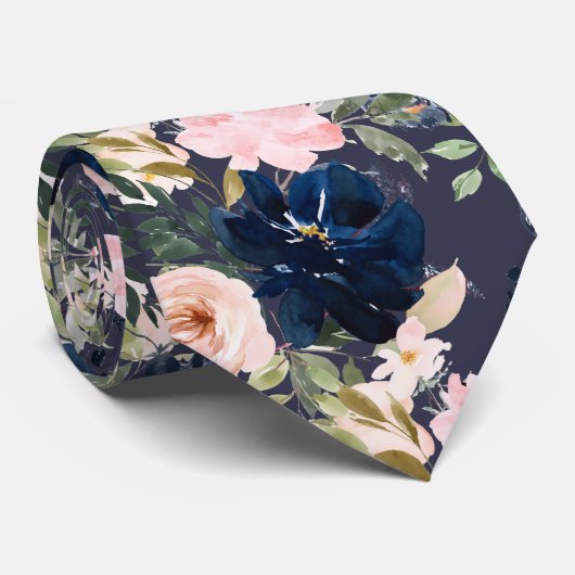PixDezines Blush Pink Navy Blue Waterverf Flowers Stropdas (Opgerold)