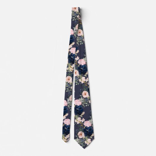 PixDezines Blush Pink Navy Blue Waterverf Flowers Stropdas (Achterkant)
