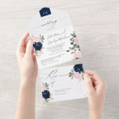 PixDezines Blush Pink Navy Blue Waterverf Flwors All In One Uitnodiging (Afscheurbaar)
