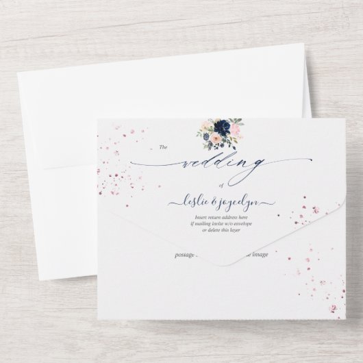 PixDezines Blush Pink Navy Blue Waterverf Flwors All In One Uitnodiging (Achterkant)