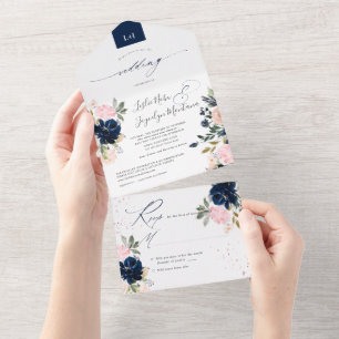 PixDezines Blush Pink Navy Blue Waterverf Flwors All In One Uitnodiging