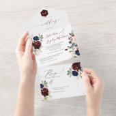 PixDezines Blush Pink Navy Burgundy H2 Flowers All In One Uitnodiging (Afscheurbaar)