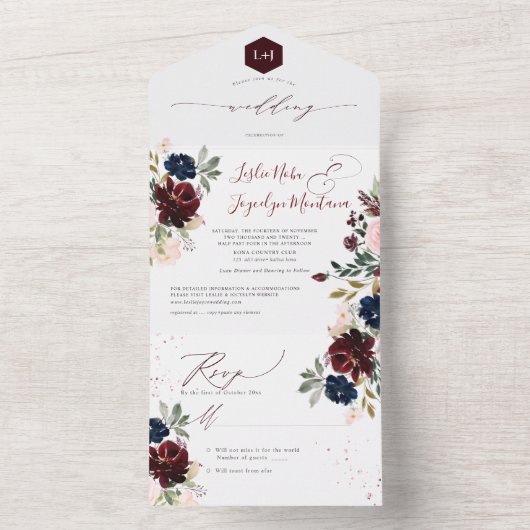 PixDezines Blush Pink Navy Burgundy H2 Flowers All In One Uitnodiging (Binnen)