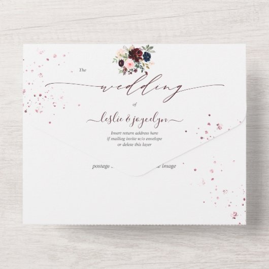 PixDezines Blush Pink Navy Burgundy H2 Flowers All In One Uitnodiging (Achterkant)