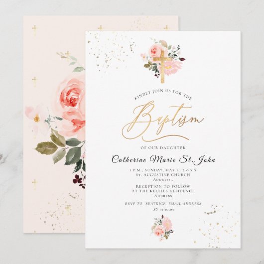 PixDezines Blush Pink Waterverf Rozen Baptisme Kaart (Voorkant / Achterkant)