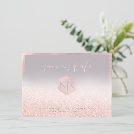 PixDezines Blush Roze Modern Script+Glitter Save The Date (Staand voorkant)