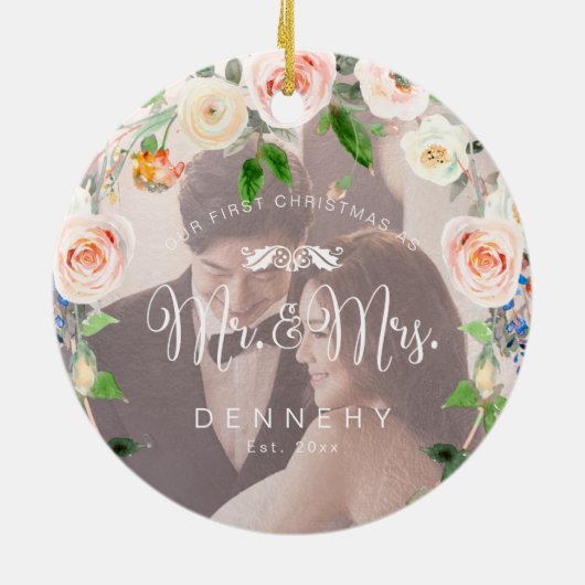 PixDezines Blush Rozen Wreate, eerste kerst Keramisch Ornament (Achterkant)