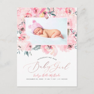 PixDezines Blush Watercolor Pioenmeisje Geboorte Briefkaart