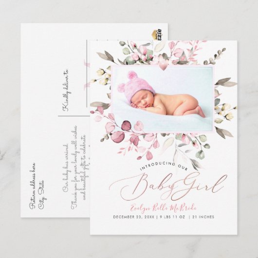 PixDezines Blush Waterverf Flowers Meisje Geboorte Briefkaart (Voorkant / Achterkant)
