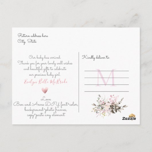 PixDezines Blush Waterverf Flowers Meisje Geboorte Briefkaart (Achterkant)