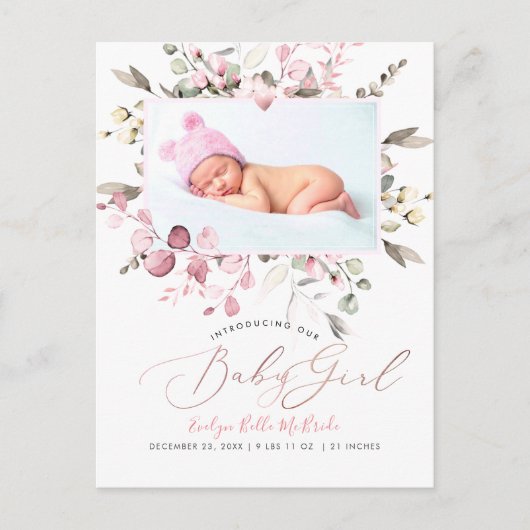PixDezines Blush Waterverf Flowers Meisje Geboorte Briefkaart (Voorkant)