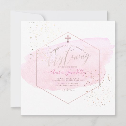 PixDezines Blush Waterverf+Honeycomb Christening Kaart (Voorkant)
