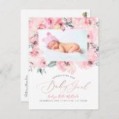 PixDezines Blush Waterverf Pioenjes Meisje Geboort Briefkaart (Voorkant / Achterkant)