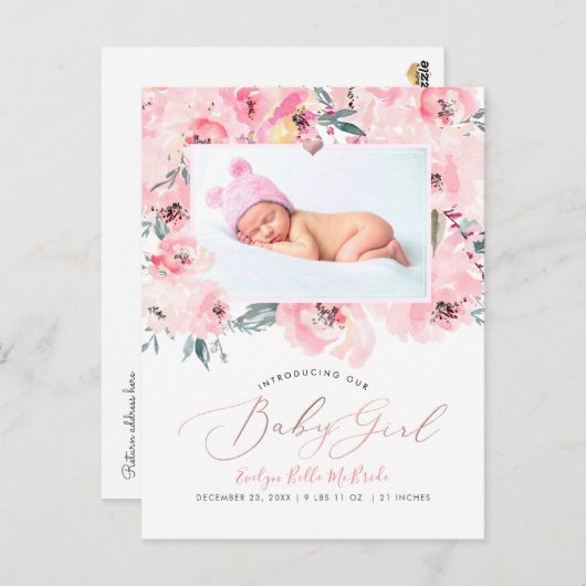 PixDezines Blush Waterverf Pioenjes Meisje Geboort Briefkaart (Voorkant / Achterkant)