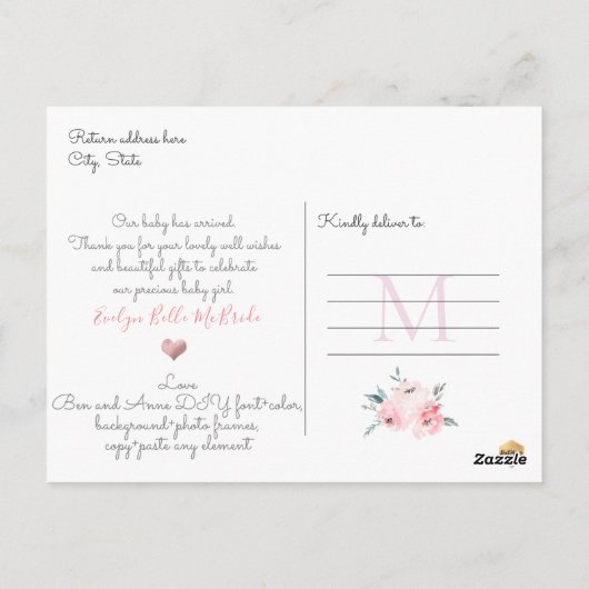 PixDezines Blush Waterverf Pioenjes Meisje Geboort Briefkaart (Achterkant)