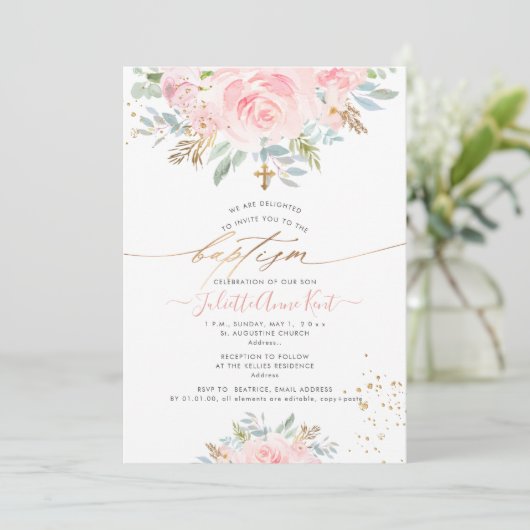 PixDezines Blush Waterverf Rozen Baptisme Kaart (Staand voorkant)