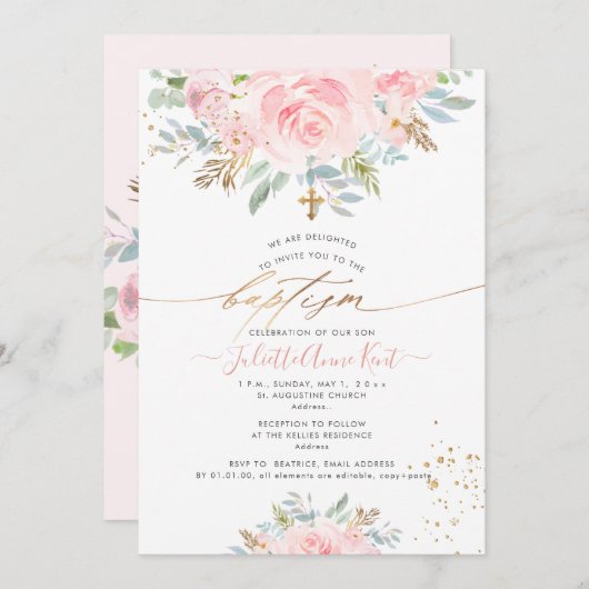 PixDezines Blush Waterverf Rozen Baptisme Kaart (Voorkant / Achterkant)