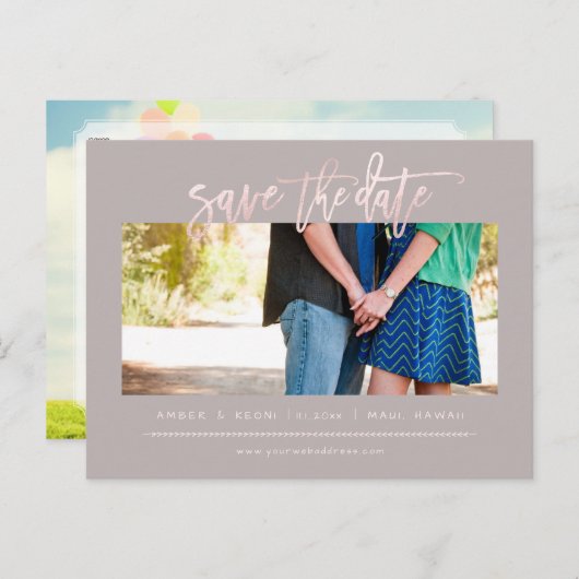 PixDezines BlushFaux Roos Goud Modern Brush Script Aankondigingskaart (Voorkant / Achterkant)