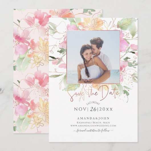 PixDezines Blushing Romance, Save the Date Kaart (Voorkant / Achterkant)