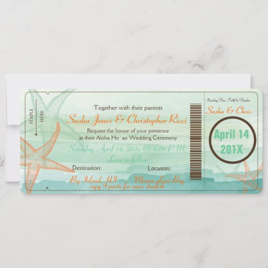 PixDezines Boarding Pass+Beach Wedding Invitting Kaart (Voorkant)