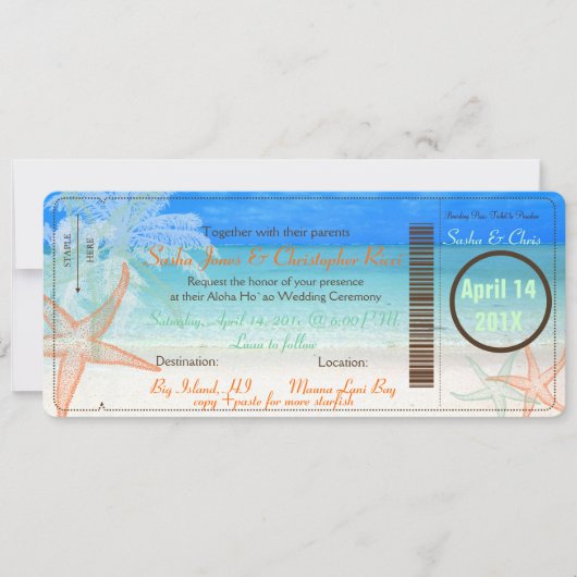 PixDezines Boarding Pass+Beach Wedding Invitting Kaart (Voorkant)