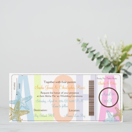PixDezines Boarding Pass+Beach Wedding Invitting Kaart (Staand voorkant)
