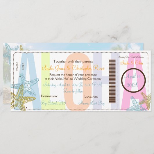 PixDezines Boarding Pass+Beach Wedding Invitting Kaart (Voorkant / Achterkant)