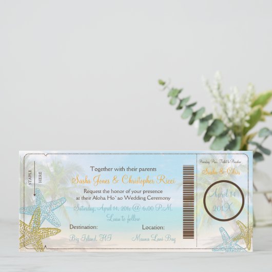 PixDezines Boarding Pass+Beach Wedding Invitting Kaart (Staand voorkant)