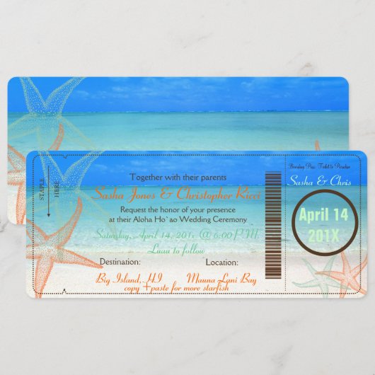 PixDezines Boarding Pass+Beach Wedding Invitting Kaart (Voorkant / Achterkant)