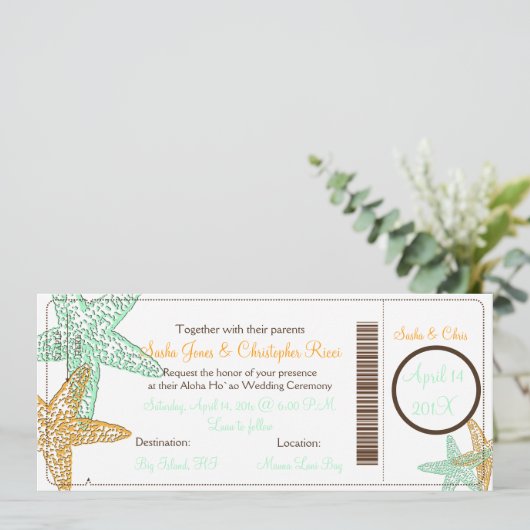 PixDezines Boarding Pass+Beach Wedding Invitting Kaart (Staand voorkant)
