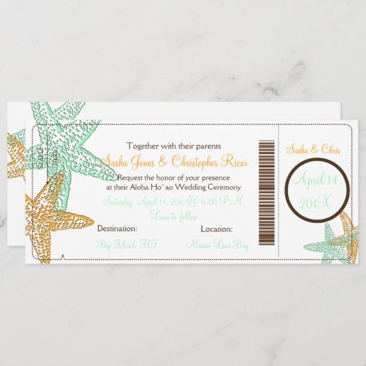 PixDezines Boarding Pass+Beach Wedding Invitting Kaart (Voorkant / Achterkant)