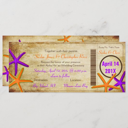 PixDezines Boarding Pass+Beach Wedding Invitting Kaart (Voorkant / Achterkant)
