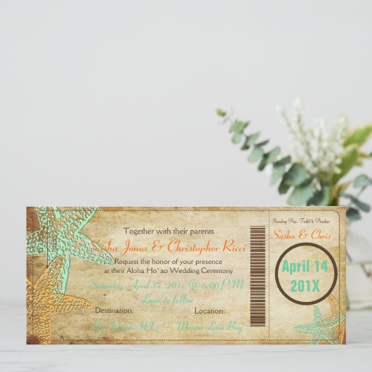 PixDezines Boarding Pass+Beach Wedding Invitting Kaart (Staand voorkant)