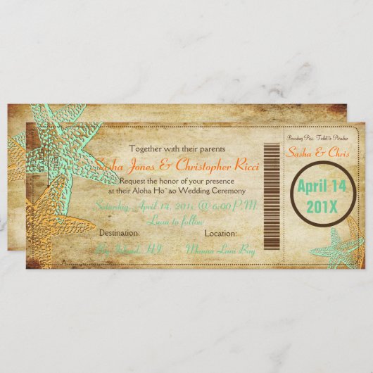 PixDezines Boarding Pass+Beach Wedding Invitting Kaart (Voorkant / Achterkant)