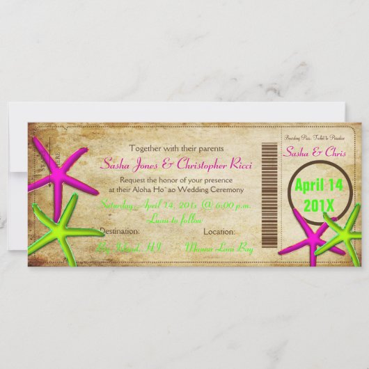 PixDezines Boarding Pass+Beach Wedding Invitting Kaart (Voorkant)
